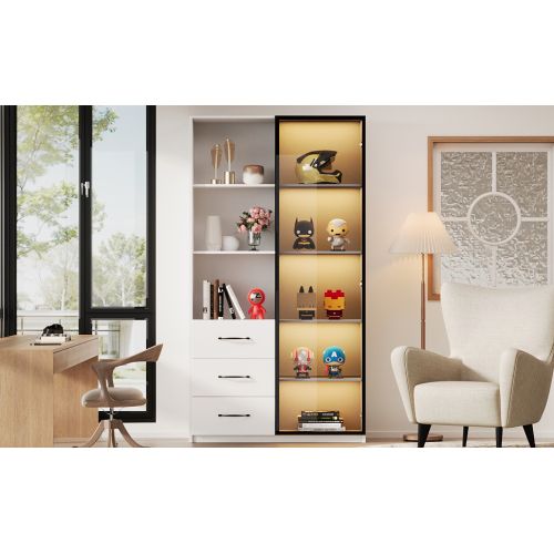 Vitrine LED-avec Porte En Verre Trempé-3 Tiroirs Et 3 Compartiments Ouverts-meubles De Cuisine-blanc