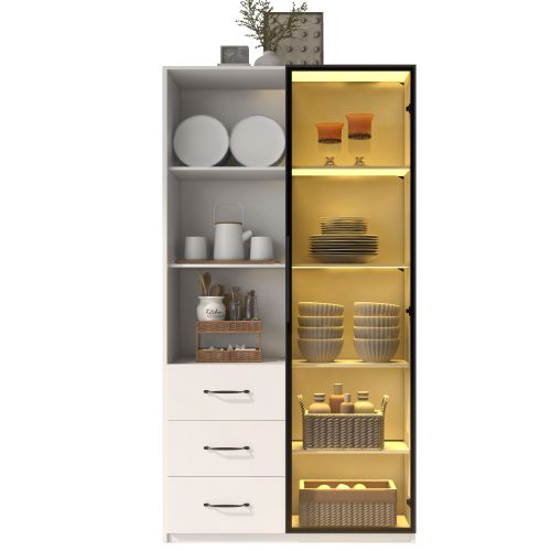 Vitrine LED-avec Porte En Verre Trempé-3 Tiroirs Et 3 Compartiments Ouverts-meubles De Cuisine-blanc