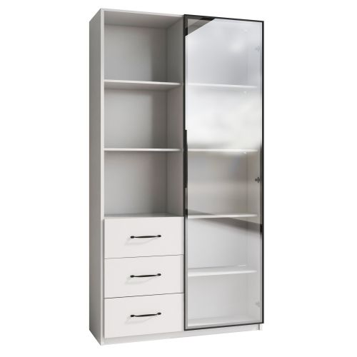 Vitrine LED-avec Porte En Verre Trempé-3 Tiroirs Et 3 Compartiments Ouverts-meubles De Cuisine-blanc