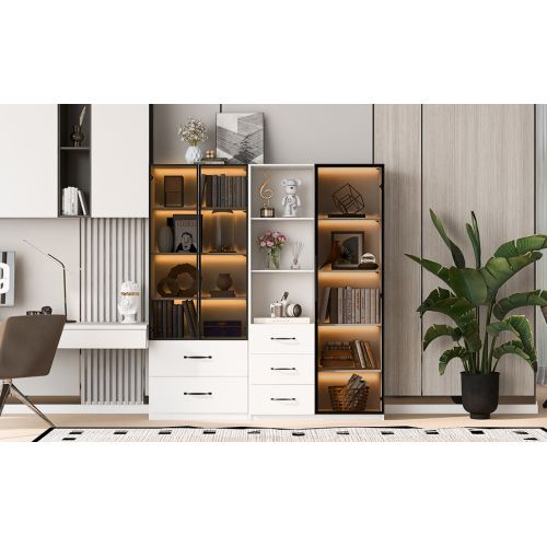 Vitrine LED-avec Porte En Verre Trempé-5 Tiroirs Et 3 Compartiments Ouverts-meubles De Cuisine-blanc