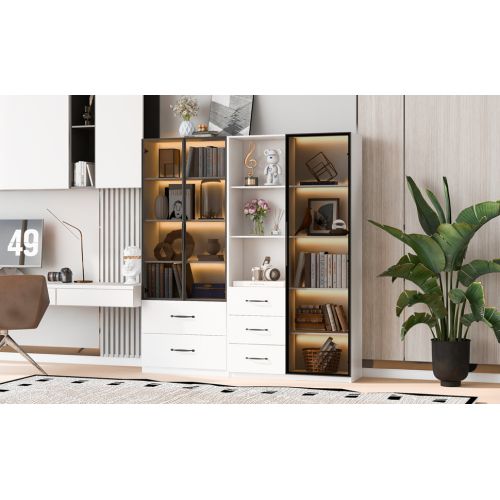 Vitrine LED-avec Porte En Verre Trempé-5 Tiroirs Et 3 Compartiments Ouverts-meubles De Cuisine-blanc