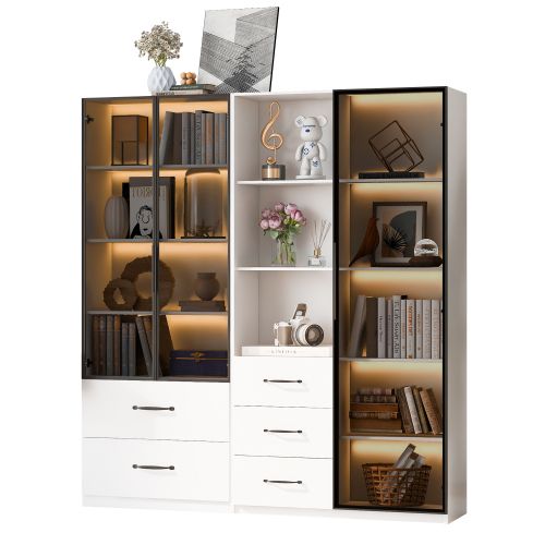 Vitrine LED-avec Porte En Verre Trempé-5 Tiroirs Et 3 Compartiments Ouverts-meubles De Cuisine-blanc