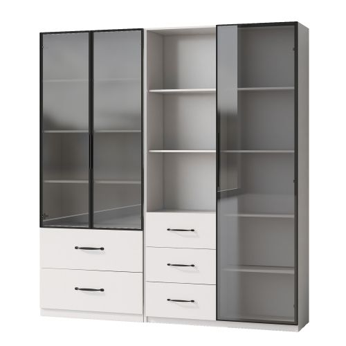 Vitrine LED-avec Porte En Verre Trempé-5 Tiroirs Et 3 Compartiments Ouverts-meubles De Cuisine-blanc