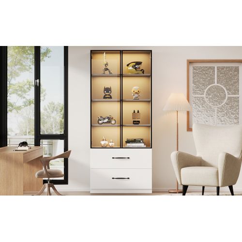 Vitrine LED 60×40×160 Cm-en Verre-meuble Multifonctionnel Avec Éclairage Et Tiroirs-blanc