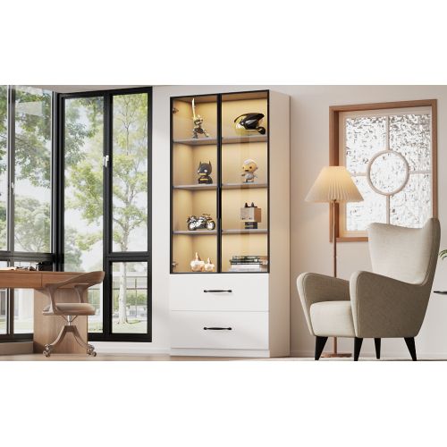 Vitrine LED 60×40×160 Cm-en Verre-meuble Multifonctionnel Avec Éclairage Et Tiroirs-blanc