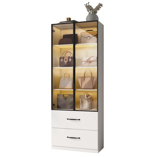 Vitrine LED 60×40×160 Cm-en Verre-meuble Multifonctionnel Avec Éclairage Et Tiroirs-blanc