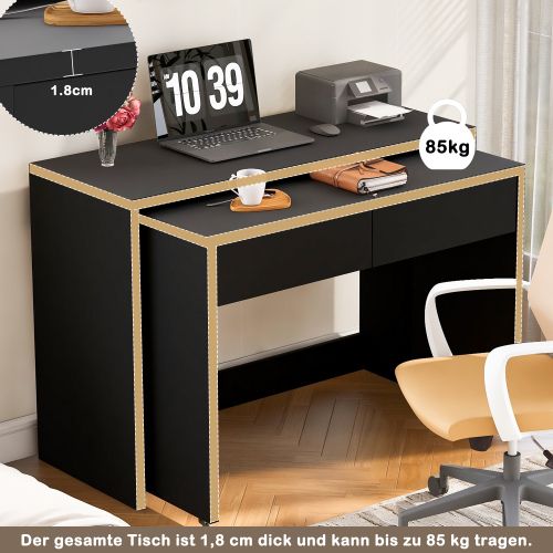 Bureau-étagère-bureau Compact 2 En 1-extensible-équipé De Roulettes-table Pliable-noir