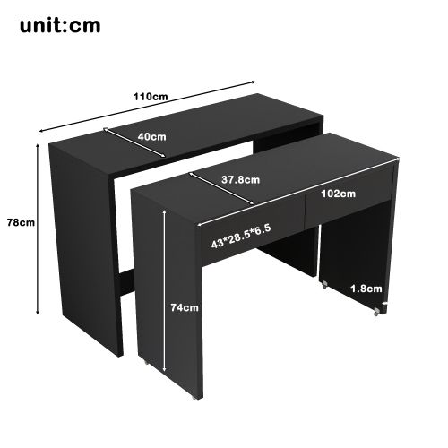 Bureau-étagère-bureau Compact 2 En 1-extensible-équipé De Roulettes-table Pliable-noir
