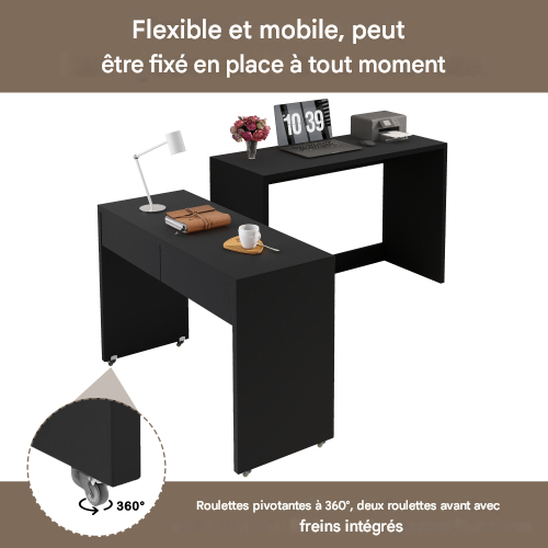 Bureau-étagère-bureau Compact 2 En 1-extensible-équipé De Roulettes-table Pliable-noir