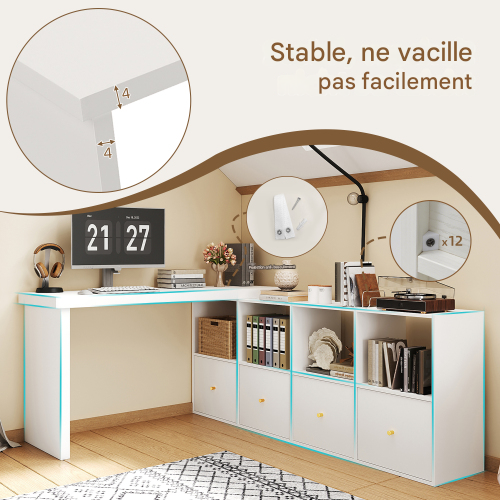 Bureau D'angle-plateau Pivotant à 360°-configuration En L Ou Droite-en Mdf-4 Tiroirs-blanc