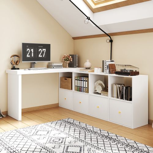 Bureau D'angle-plateau Pivotant à 360°-configuration En L Ou Droite-en Mdf-4 Tiroirs-blanc