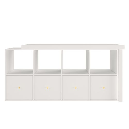 Bureau D'angle-plateau Pivotant à 360°-configuration En L Ou Droite-en Mdf-4 Tiroirs-blanc