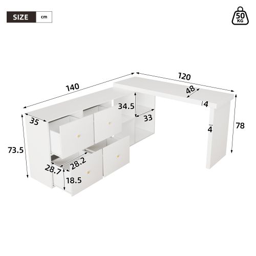 Bureau D'angle-plateau Pivotant à 360°-configuration En L Ou Droite-en Mdf-4 Tiroirs-blanc