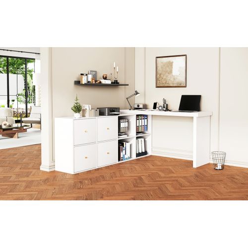Bureau D'angle-plateau Pivotant à 360°-configuration En L Ou Droite-en Mdf-4 Tiroirs-blanc