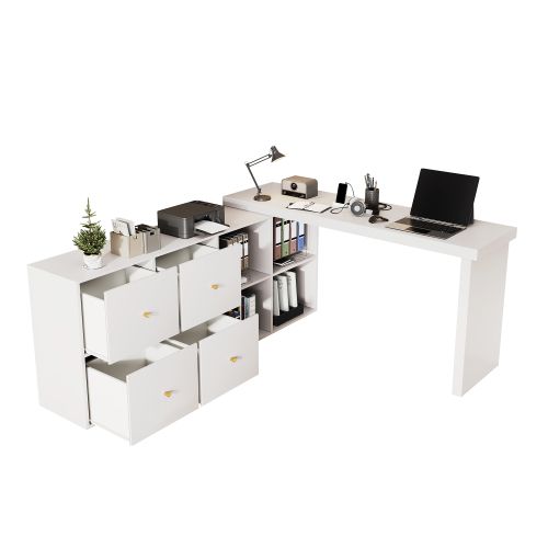 Bureau D'angle-plateau Pivotant à 360°-configuration En L Ou Droite-en Mdf-4 Tiroirs-blanc
