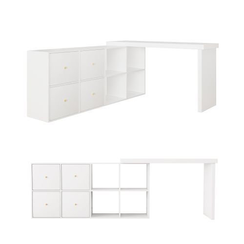 Bureau D'angle-plateau Pivotant à 360°-configuration En L Ou Droite-en Mdf-4 Tiroirs-blanc