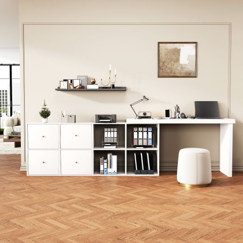 Bureau D'angle-plateau Pivotant à 360°-configuration En L Ou Droite-en Mdf-4 Tiroirs-blanc