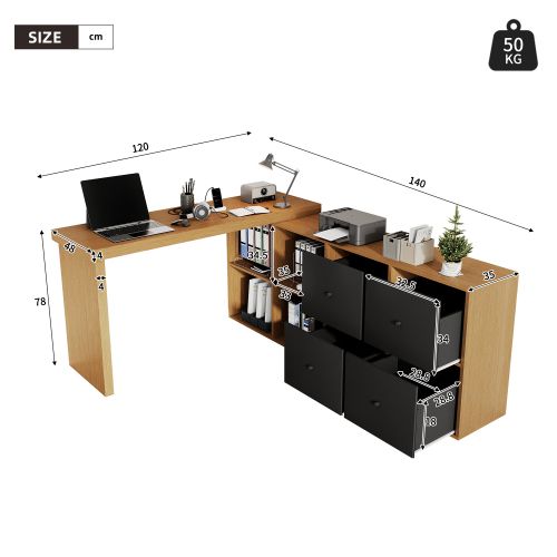 Bureau D'angle-plateau Pivotant à 360°-configuration En L Ou Droite-en Mdf-4 Tiroirs-naturel