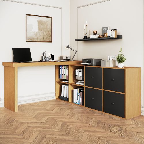 Bureau D'angle-plateau Pivotant à 360°-configuration En L Ou Droite-en Mdf-4 Tiroirs-naturel