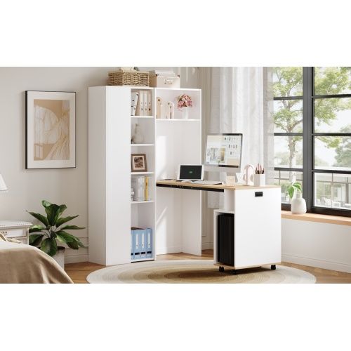 Bureau Pliant-bibliothèque Bureau 2-en-1 Avec Prises Intégrées-sécurité Anti-basculementblanc