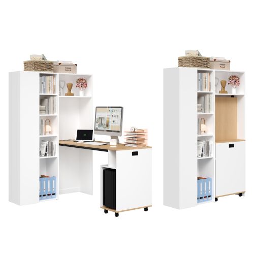 Bureau Pliant-bibliothèque Bureau 2-en-1 Avec Prises Intégrées-sécurité Anti-basculementblanc