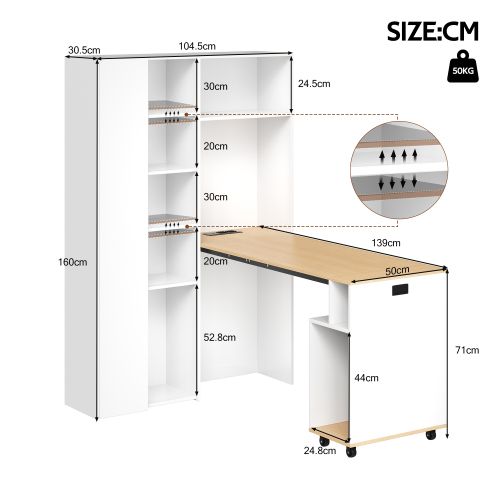 Bureau Pliant-bibliothèque Bureau 2-en-1 Avec Prises Intégrées-sécurité Anti-basculementblanc