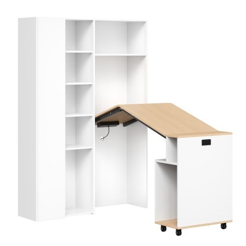 Bureau Pliant-bibliothèque Bureau 2-en-1 Avec Prises Intégrées-sécurité Anti-basculementblanc