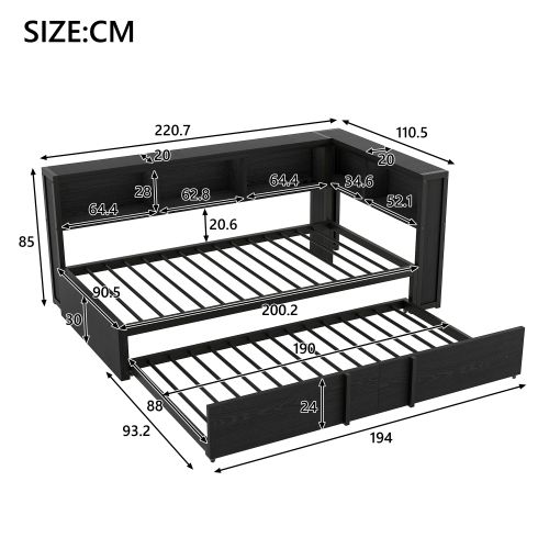 Lit Gigogne 90x200 Cm - En Métal - LED Et Ports USB - Noir