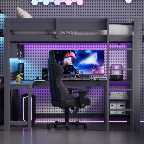 Lit Mezzanine 90 X 200 Cm-lit Enfant Avec Bureau-éclairage LED Et Station De Recharge-en Bois-gris