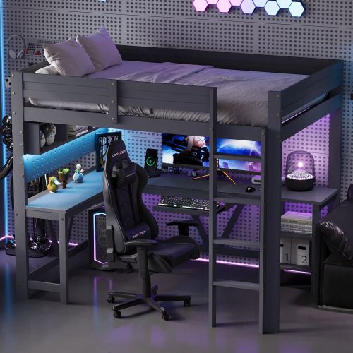 Lit Mezzanine 90 X 200 Cm-lit Enfant Avec Bureau-éclairage LED Et Station De Recharge-en Bois-gris