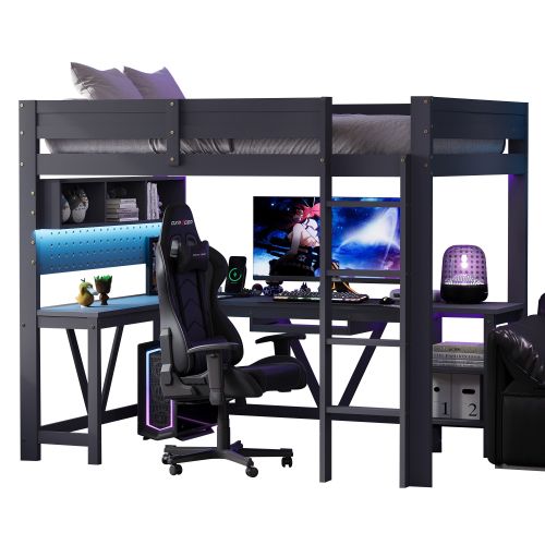 Lit Mezzanine 90 X 200 Cm-lit Enfant Avec Bureau-éclairage LED Et Station De Recharge-en Bois-gris