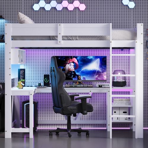 Lit Mezzanine 90 X 200 Cm-lit Enfant Avec Bureau-éclairage LED Et Station De Recharge-en Bois-blanc