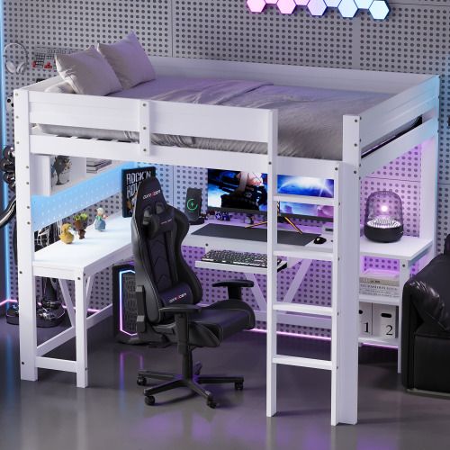 Lit Mezzanine 90 X 200 Cm-lit Enfant Avec Bureau-éclairage LED Et Station De Recharge-en Bois-blanc