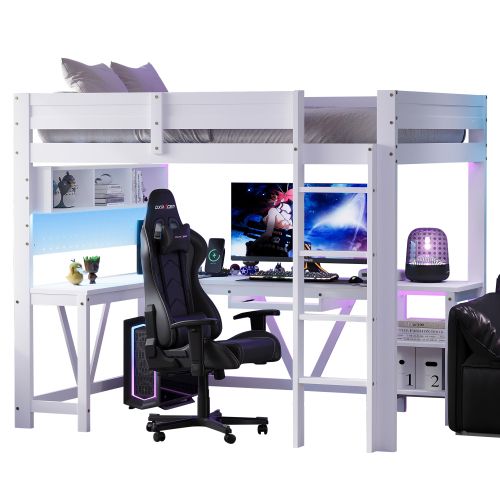 Lit Mezzanine 90 X 200 Cm-lit Enfant Avec Bureau-éclairage LED Et Station De Recharge-en Bois-blanc