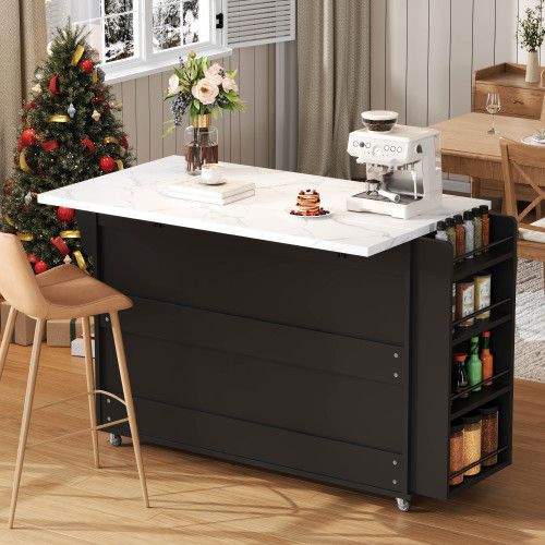 Îlot De Cuisine Mobile-desserte Avec Plan De Travail Pliable-chariot De Cuisine-portes En Verre-noir
