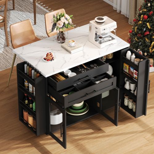 Îlot De Cuisine Mobile-desserte Avec Plan De Travail Pliable-chariot De Cuisine-portes En Verre-noir