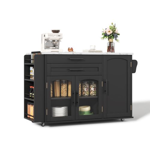 Îlot De Cuisine Mobile-desserte Avec Plan De Travail Pliable-chariot De Cuisine-portes En Verre-noir