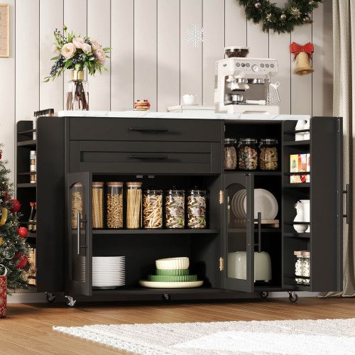 Îlot De Cuisine Mobile-desserte Avec Plan De Travail Pliable-chariot De Cuisine-portes En Verre-noir