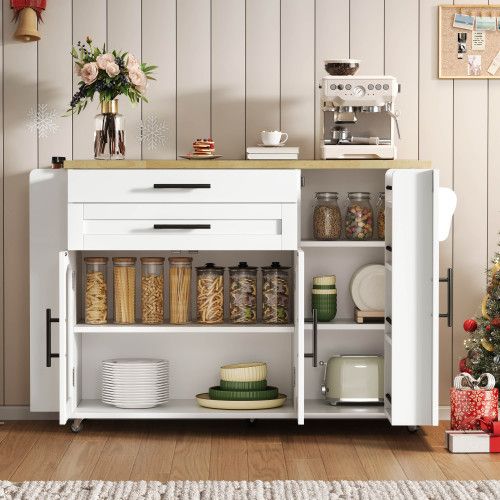 Îlot De Cuisine Mobile-desserte Avec Plan De Travail Pliable-portes En Verre-blanc