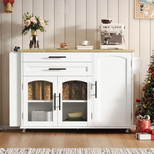 Îlot De Cuisine Mobile-desserte Avec Plan De Travail Pliable-portes En Verre-blanc