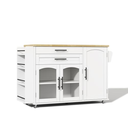 Îlot De Cuisine Mobile-desserte Avec Plan De Travail Pliable-portes En Verre-blanc