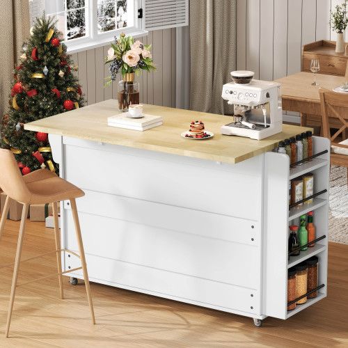 Îlot De Cuisine Mobile-desserte Avec Plan De Travail Pliable-portes En Verre-blanc