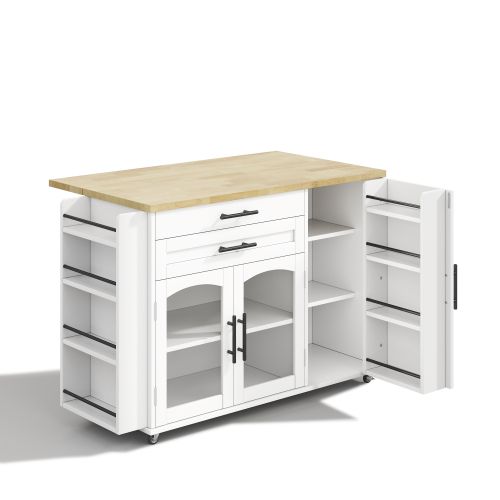 Îlot De Cuisine Mobile-desserte Avec Plan De Travail Pliable-portes En Verre-blanc