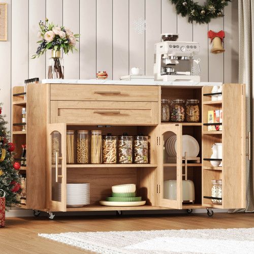 Îlot De Cuisine Mobile-desserte Avec Plan De Travail Pliable-chariot De Cuisine-portes En Verre-bois