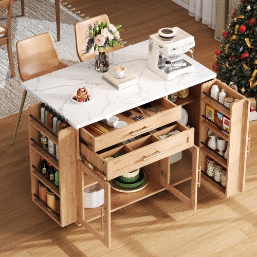 Îlot De Cuisine Mobile-desserte Avec Plan De Travail Pliable-chariot De Cuisine-portes En Verre-bois