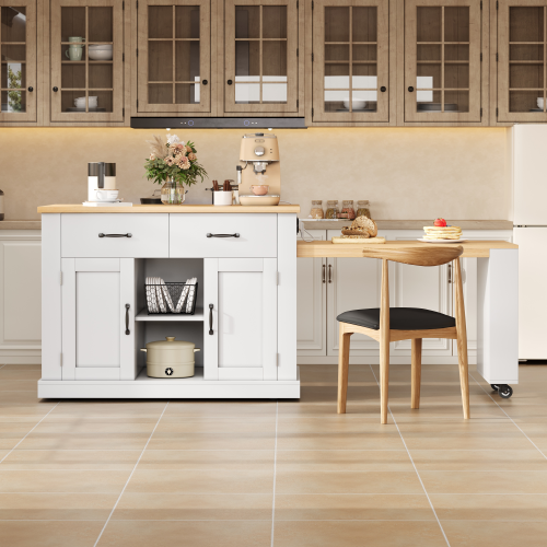Îlot De Cuisine Mobile-desserte De Cuisine Avec Table à Manger Extensible-étagères Réglables-blanc