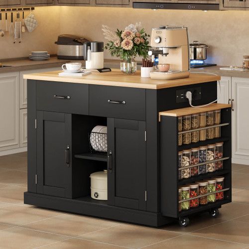 Îlot De Cuisine Mobile-desserte De Cuisine Avec Table à Manger Extensible-étagères Réglables-noir