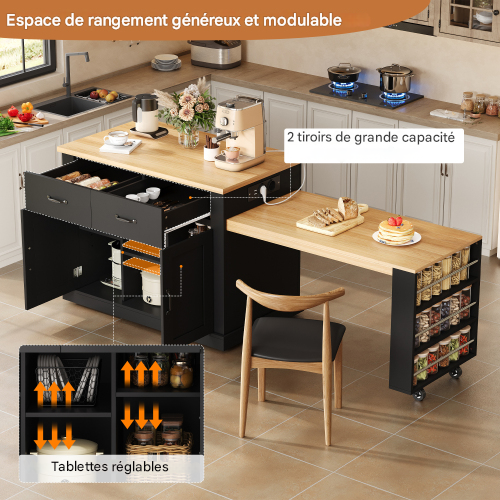 Îlot De Cuisine Mobile-desserte De Cuisine Avec Table à Manger Extensible-étagères Réglables-noir