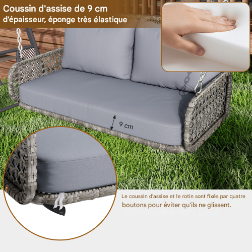 Suspension D'extérieur En Rotin Pe-320kg De Charge, Coussins 9cm-pour Jardin/terrasse-gris