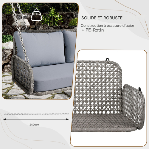 Suspension D'extérieur En Rotin Pe-320kg De Charge, Coussins 9cm-pour Jardin/terrasse-gris